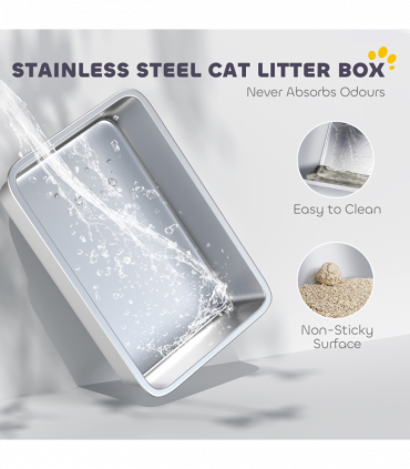 PawHut Stainless Steel Cat Litter Box with High Sides, 43 x 33 x 25 cm