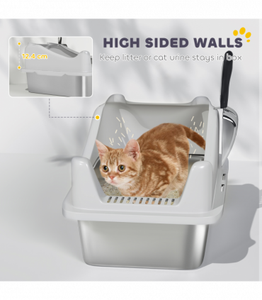 PawHut Stainless Steel Cat Litter Box with High Sides, 43 x 33 x 25 cm
