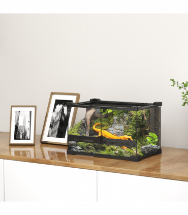 PawHut 10L Glass Terrarium, Reptile Vivarium with Stone Background, Black