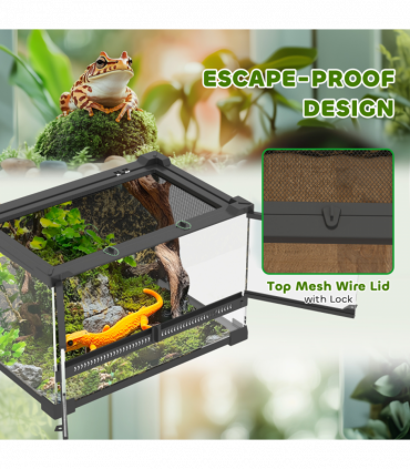 PawHut 10L Glass Terrarium, Reptile Vivarium with Stone Background, Black