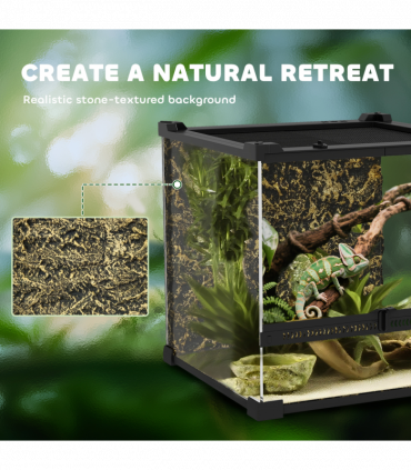 PawHut 24L Glass Terrarium, Reptile Vivarium with Stone Background, Black