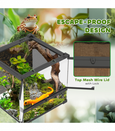 PawHut 24L Glass Terrarium, Reptile Vivarium with Stone Background, Black