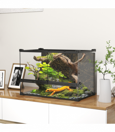 PawHut 48L Glass Terrarium, Reptile Vivarium with Stone Background, Black
