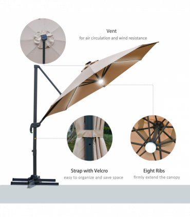 3(m) LED Cantilever Parasol Outdoor with Base Solar Lights Brown