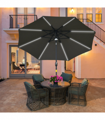 2.7m Garden Parasol Sun Umbrella Patio Summer Shelter w/ LED Solar Light Grey