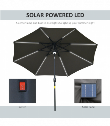2.7m Garden Parasol Sun Umbrella Patio Summer Shelter w/ LED Solar Light Grey