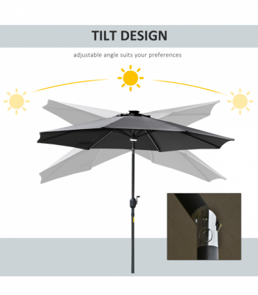 2.7m Garden Parasol Sun Umbrella Patio Summer Shelter w/ LED Solar Light Grey
