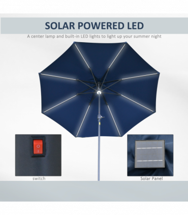 2.7m Garden Parasol Sun Umbrella Patio Summer Shelter w/ LED Solar Navy Blue