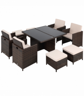 9PC Rattan Garden Furniture Set 8 Wicker Dining Chairs Footrest Table - Brown
