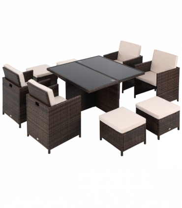 9PC Rattan Garden Furniture Set 8 Wicker Dining Chairs Footrest Table - Brown