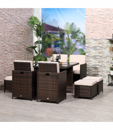 9PC Rattan Garden Furniture Set 8 Wicker Dining Chairs Footrest Table - Brown