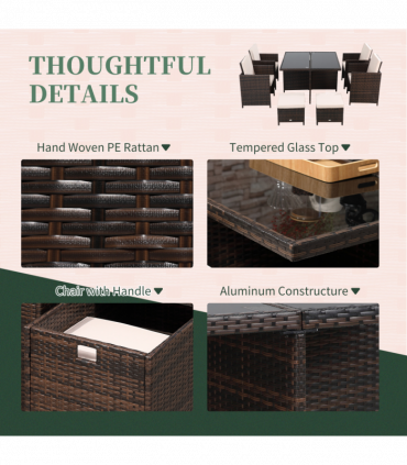 9PC Rattan Garden Furniture Set 8 Wicker Dining Chairs Footrest Table - Brown