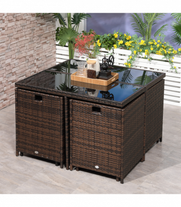 9PC Rattan Garden Furniture Set 8 Wicker Dining Chairs Footrest Table - Brown