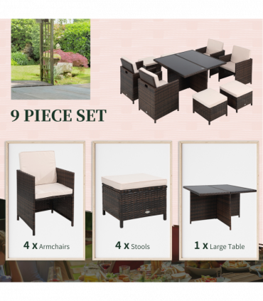 9PC Rattan Garden Furniture Set 8 Wicker Dining Chairs Footrest Table - Brown