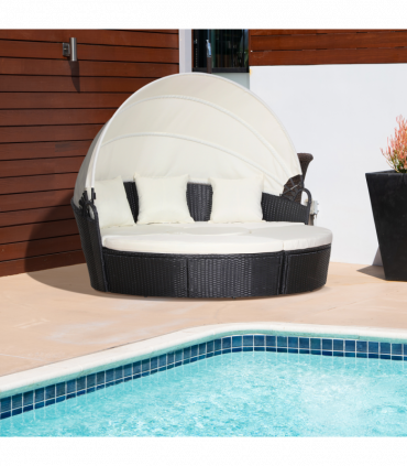 PE Rattan 5-Piece Outdoor Garden Round Sofa w/ Canopy Black