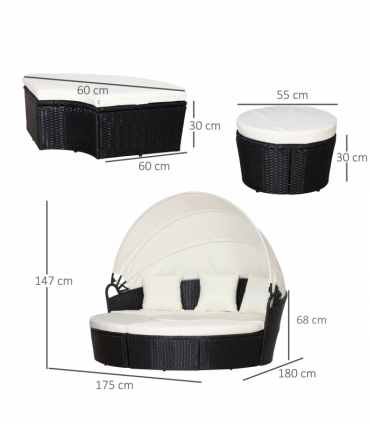 PE Rattan 5-Piece Outdoor Garden Round Sofa w/ Canopy Black