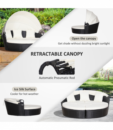 PE Rattan 5-Piece Outdoor Garden Round Sofa w/ Canopy Black