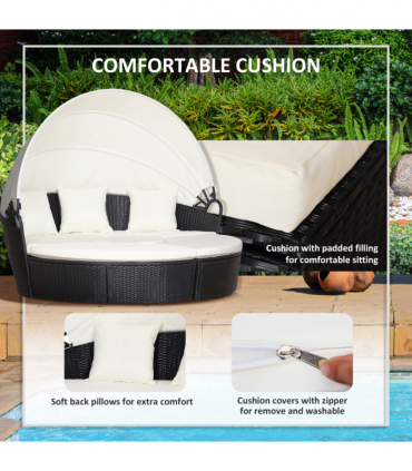 PE Rattan 5-Piece Outdoor Garden Round Sofa w/ Canopy Black