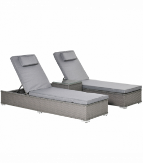 3 Piece Rattan Lounge Set, Side Table, 5-Position Adjustable Recline Chair, Grey