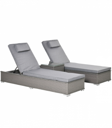 3 Piece Rattan Lounge Set, Side Table, 5-Position Adjustable Recline Chair, Grey