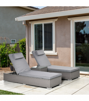 3 Piece Rattan Lounge Set, Side Table, 5-Position Adjustable Recline Chair, Grey