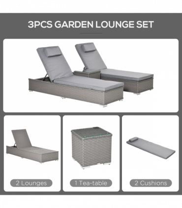 3 Piece Rattan Lounge Set, Side Table, 5-Position Adjustable Recline Chair, Grey