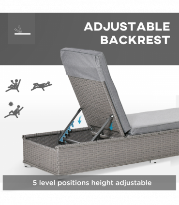 3 Piece Rattan Lounge Set, Side Table, 5-Position Adjustable Recline Chair, Grey