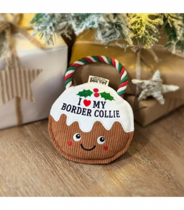 Pre-personalised Christmas Pudding Squeaky Dog Toy Gift - I love my Border Collie