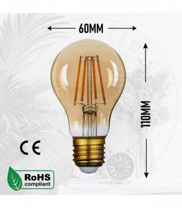 2 Pack A60 E27 4W Edison Style LED filament Retro Amber light bulb Warm white screw bulbs 2700K Light Bulbs