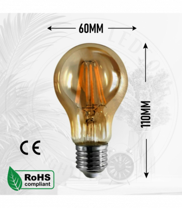 2 Pack A60 E27 8W Edison Style LED filament Retro Amber light bulb Warm white screw bulbs 2700K Light Bulbs