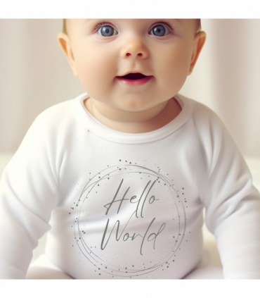 Hello World Silver Circle Baby Vest, babygrow, Romper Sleepsuit Onsie, Bib