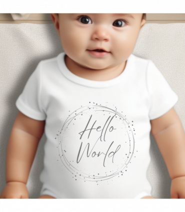 Hello World Silver Circle Baby Vest, babygrow, Romper Sleepsuit Onsie, Bib