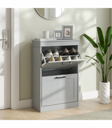 HOMCOM Slim Shoe Storage Cabinet with 2 Flip Drawers for Entryway, Grey
