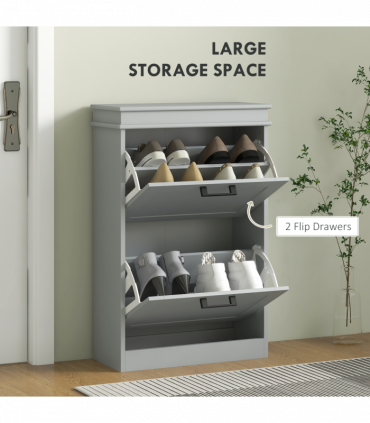 HOMCOM Slim Shoe Storage Cabinet with 2 Flip Drawers for Entryway, Grey