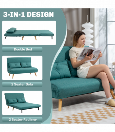 HOMCOM Click Clack Sofa Bed, 2 Seater Bed Settee for Living Room, Green