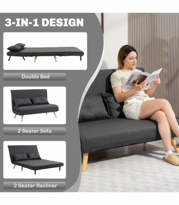 HOMCOM Click Clack Sofa Bed, 2 Seater Bed Settee for Living Room, Grey