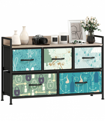 HOMCOM 5-Drawer Chest of Drawers, Fabric Dresser with Open Shelf, Blue