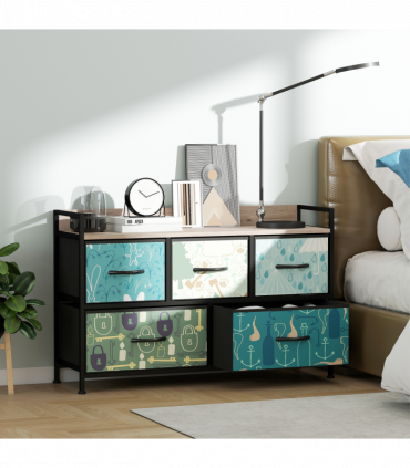 HOMCOM 5-Drawer Chest of Drawers, Fabric Dresser with Open Shelf, Blue