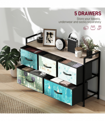 HOMCOM 5-Drawer Chest of Drawers, Fabric Dresser with Open Shelf, Blue