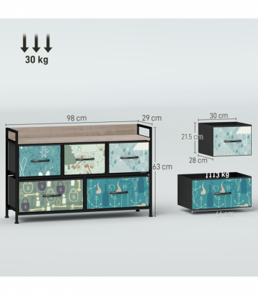 HOMCOM 5-Drawer Chest of Drawers, Fabric Dresser with Open Shelf, Blue