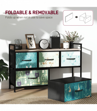 HOMCOM 5-Drawer Chest of Drawers, Fabric Dresser with Open Shelf, Blue