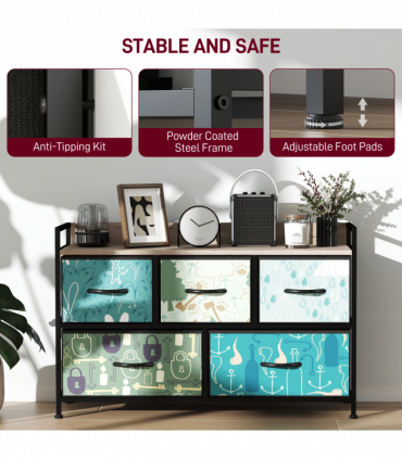 HOMCOM 5-Drawer Chest of Drawers, Fabric Dresser with Open Shelf, Blue