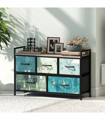 HOMCOM 5-Drawer Chest of Drawers, Fabric Dresser with Open Shelf, Blue