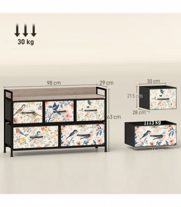 HOMCOM 5-Drawer Chest of Drawers, Fabric Dresser, White