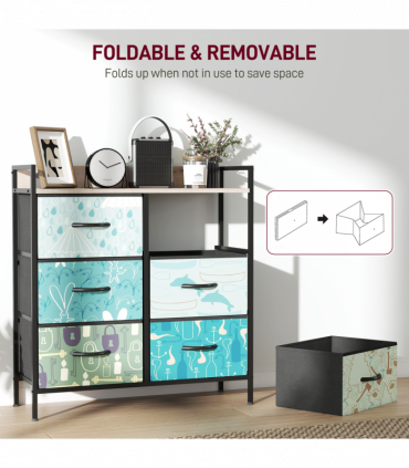 HOMCOM 6-Drawer Chest of Drawers, Fabric Dresser with Open Shelf, Blue