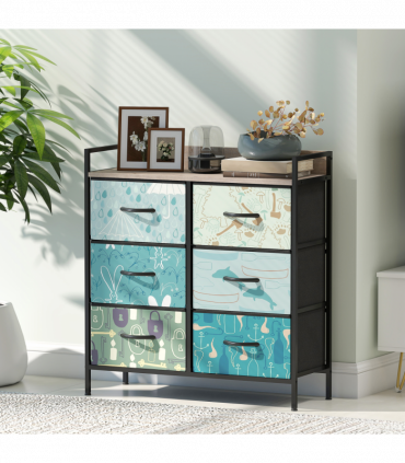 HOMCOM 6-Drawer Chest of Drawers, Fabric Dresser with Open Shelf, Blue