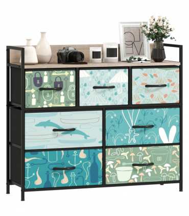 HOMCOM 7-Drawer Chest of Drawers, Fabric Dresser with Open Shelf, Blue