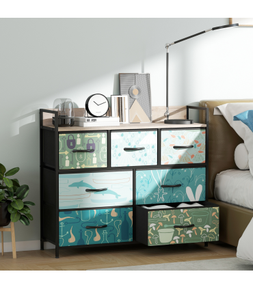 HOMCOM 7-Drawer Chest of Drawers, Fabric Dresser with Open Shelf, Blue