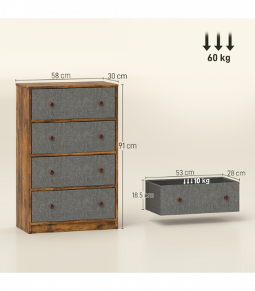 HOMCOM Chest of Drawers, 4 Drawer Dresser for Bedroom, Grey and Rustic Brown