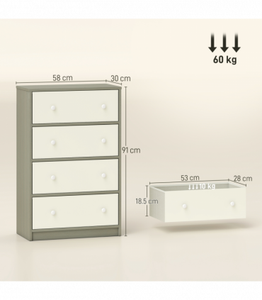 HOMCOM Chest of Drawers, 4 Drawer Dresser for Bedroom, White and Grey